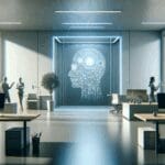 Ilustración conceptual de una oficina vacía con tecnología de inteligencia artificial apagada, ambiente moderno y sombrío.