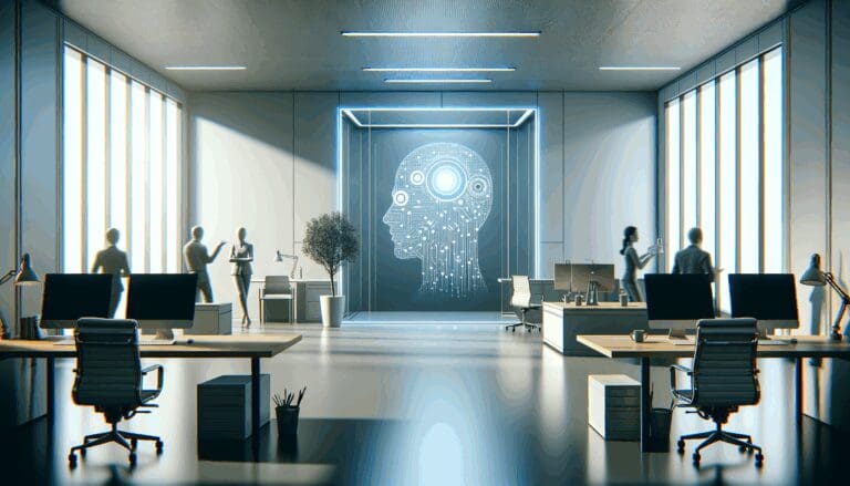 Ilustración conceptual de una oficina vacía con tecnología de inteligencia artificial apagada, ambiente moderno y sombrío.