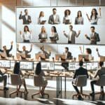 Emprendedores participando en un evento virtual, cada uno frente a su computadora en un entorno moderno.