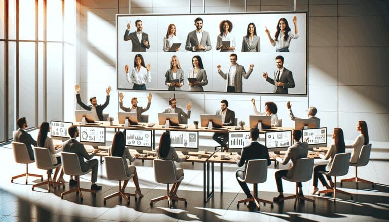 Emprendedores participando en un evento virtual, cada uno frente a su computadora en un entorno moderno.