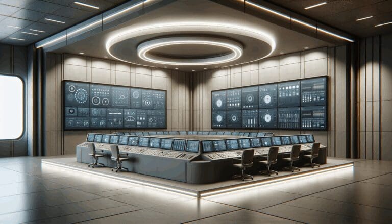 Primer plano de una sala de control tecnológica con pantallas y equipos de monitoreo industrial modernos.