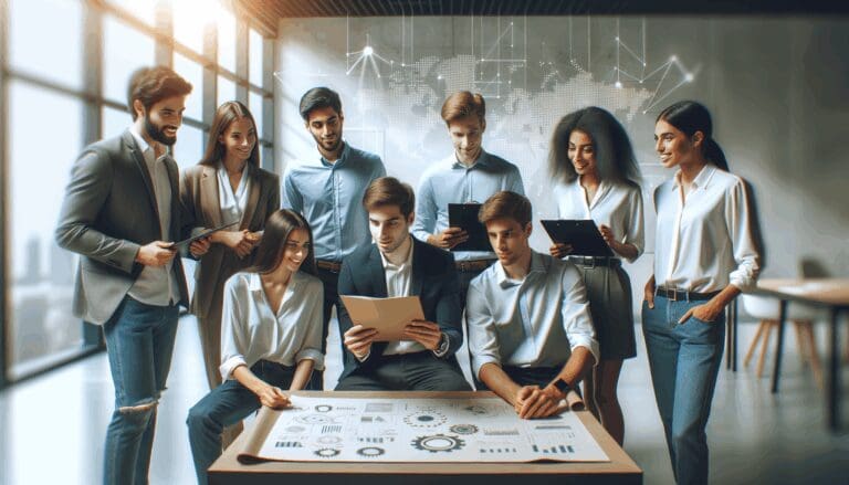 Emprendedores jóvenes revisando ideas en una sala moderna con fondo tecnológico desenfocado.