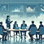 Ilustración de una reunión de inversores en un entorno tecnológico moderno con pantallas de datos y gráficos.