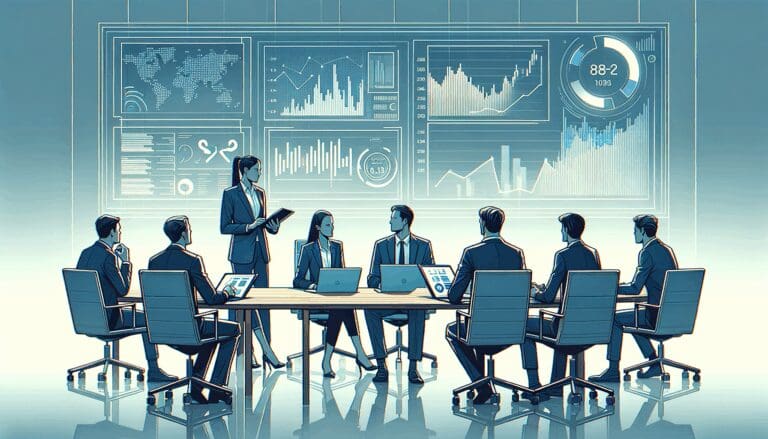 Ilustración de una reunión de inversores en un entorno tecnológico moderno con pantallas de datos y gráficos.