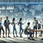 Ilustración de jóvenes profesionales colaborando frente a pantallas digitales con gráficos y datos en una oficina moderna.