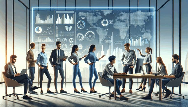 Ilustración de jóvenes profesionales colaborando frente a pantallas digitales con gráficos y datos en una oficina moderna.