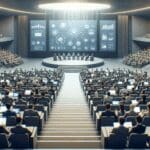 Auditorio moderno con emprendedores exponiendo proyectos tecnológicos en un evento internacional.