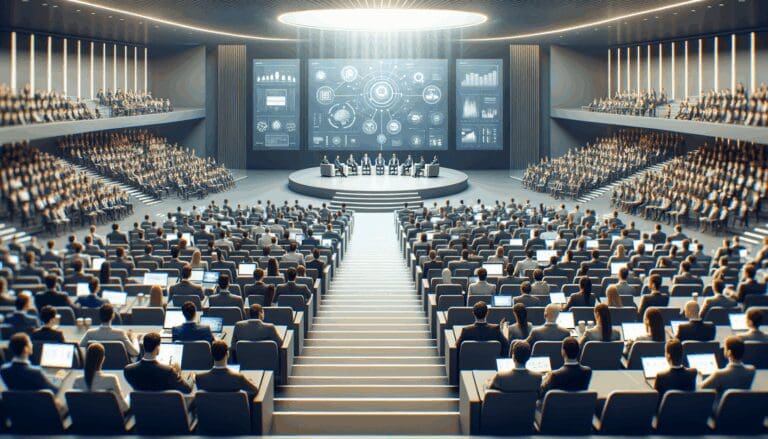 Auditorio moderno con emprendedores exponiendo proyectos tecnológicos en un evento internacional.