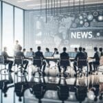 Sala de reuniones moderna con equipos tecnológicos y emprendedores trabajando juntos.