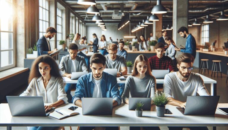 Fotografía de un equipo joven trabajando con laptops en un espacio luminoso de oficina, ambiente de startup tecnológica.