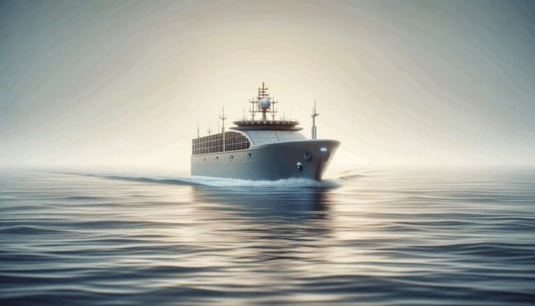 Buque autónomo en aguas abiertas navegando sin tripulación visible.