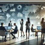 Oficina moderna con emprendedores colaborando frente a pantallas con gráficos y datos digitales.