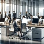 Oficina corporativa moderna, ambiente serio, empleados trabajando en computadores, estilo profesional editorial.