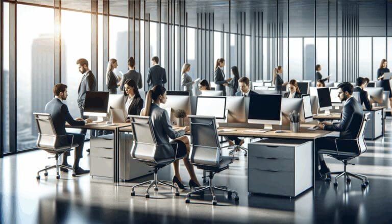 Oficina corporativa moderna, ambiente serio, empleados trabajando en computadores, estilo profesional editorial.