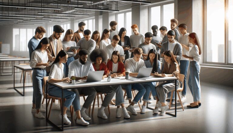 Estudiantes colaborando en un moderno laboratorio de innovación.