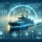 Representación digital de un buque autónomo navegando en aguas internacionales sobre un fondo tecnológico.