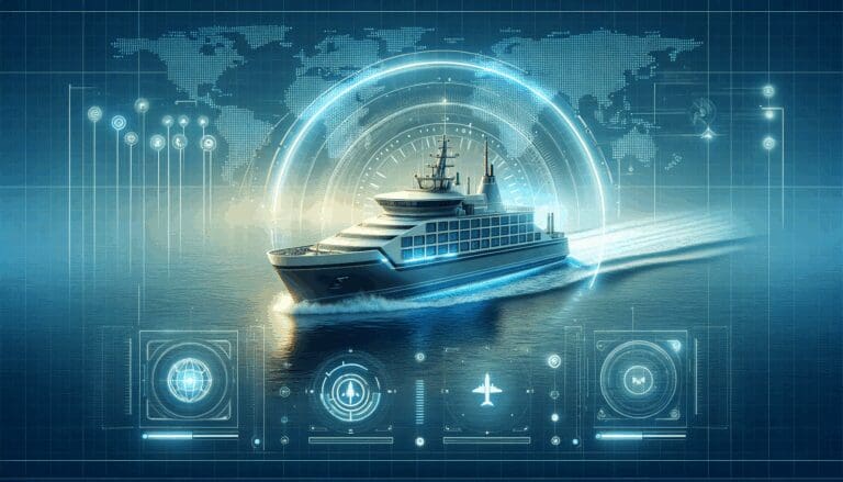 Representación digital de un buque autónomo navegando en aguas internacionales sobre un fondo tecnológico.