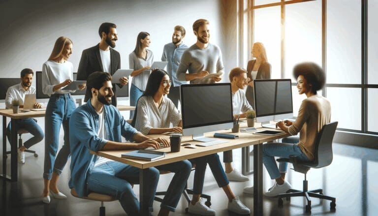Grupo diverso de emprendedores colaborando frente a computadoras modernas en un espacio de coworking luminoso.