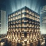 Edificio empresarial moderno con luces nocturnas en una ciudad latinoamericana.