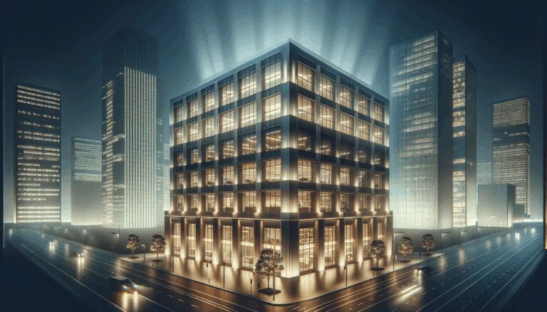Edificio empresarial moderno con luces nocturnas en una ciudad latinoamericana.