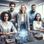 Equipo diverso trabajando en un laboratorio tecnológico moderno con componentes cuánticos sobre la mesa