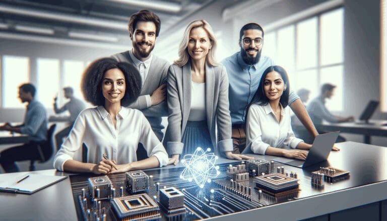 Equipo diverso trabajando en un laboratorio tecnológico moderno con componentes cuánticos sobre la mesa