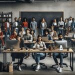 Grupo diverso de emprendedores jóvenes reunidos en un espacio de coworking moderno con ordenadores y pizarras.