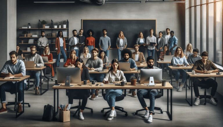 Grupo diverso de emprendedores jóvenes reunidos en un espacio de coworking moderno con ordenadores y pizarras.