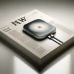 Primer plano de un dispositivo tecnológico innovador resaltado sobre una superficie neutra y minimalista.