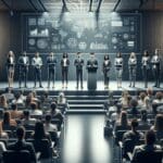 Grupo de jóvenes emprendedores presentando sus ideas en un moderno auditorio universitario, con focos y ambiente tecnológico.