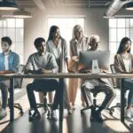 Equipo multigeneracional colaborando frente a computadoras en un espacio de coworking moderno.