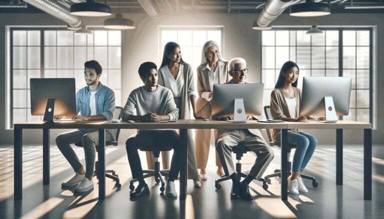 Equipo multigeneracional colaborando frente a computadoras en un espacio de coworking moderno.