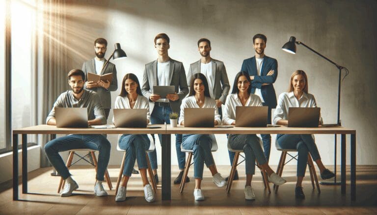 Equipo de startup trabajando en una oficina moderna con computadoras portátiles