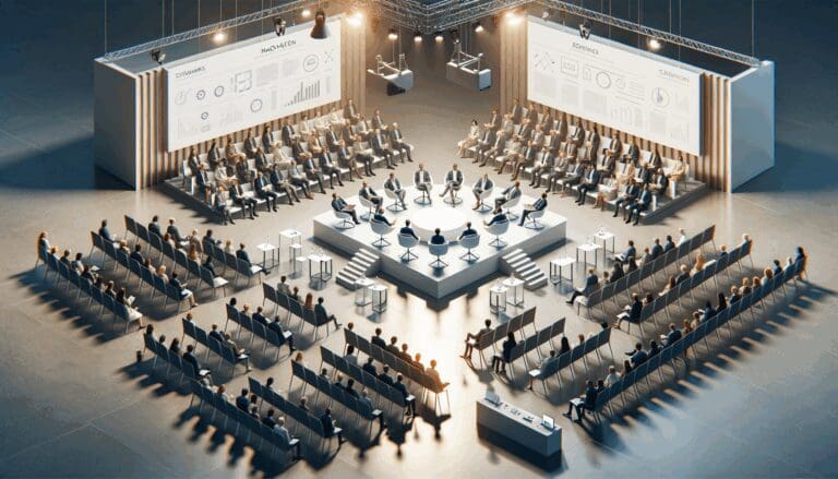 Vista aérea de un foro de innovación con paneles y público diverso