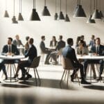 Fotografía de un evento empresarial con emprendedores dialogando en mesas redondas modernas.