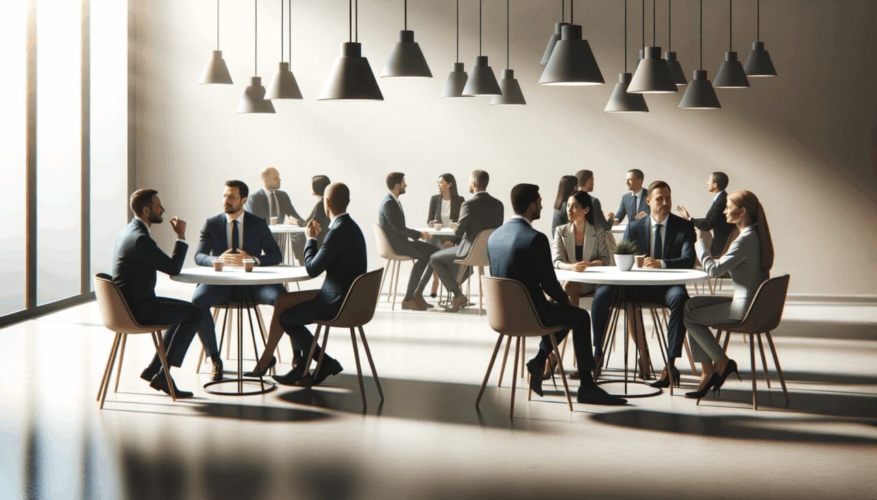 Fotografía de un evento empresarial con emprendedores dialogando en mesas redondas modernas.
