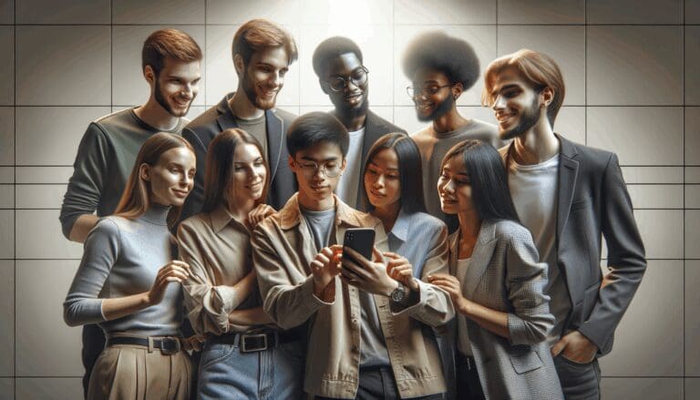 Grupo de jóvenes interactuando con una aplicación móvil en un entorno moderno.