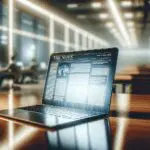 Primer plano de una laptop encendida sobre una mesa en oficina moderna, fondo desenfocado, ambiente tecnológico.