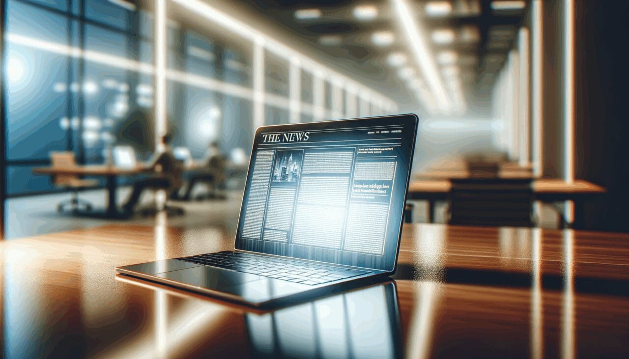 Primer plano de una laptop encendida sobre una mesa en oficina moderna, fondo desenfocado, ambiente tecnológico.