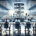 Laboratorio moderno con científicos desarrollando tratamientos innovadores, ambiente profesional y tecnológico.