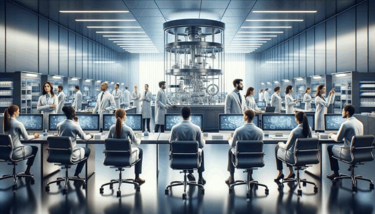 Laboratorio moderno con científicos desarrollando tratamientos innovadores, ambiente profesional y tecnológico.