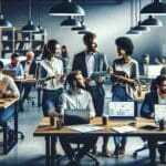 Emprendedores colaborando en un moderno espacio de coworking con pantallas digitales y laptops.