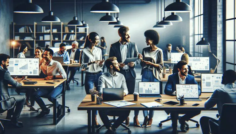 Emprendedores colaborando en un moderno espacio de coworking con pantallas digitales y laptops.