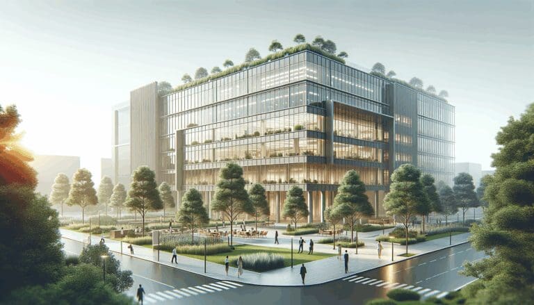 Edificio moderno de parque tecnológico rodeado de vegetación y áreas de trabajo colaborativo.