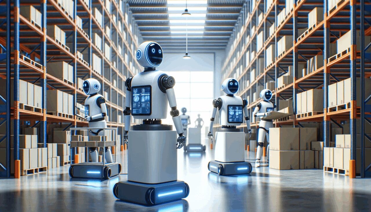 Robots autónomos operando en un almacén moderno.