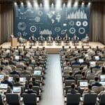 Auditorio moderno lleno de representantes de startups, computadoras portátiles abiertas y pantallas con gráficos tecnológicos.