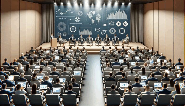 Auditorio moderno lleno de representantes de startups, computadoras portátiles abiertas y pantallas con gráficos tecnológicos.