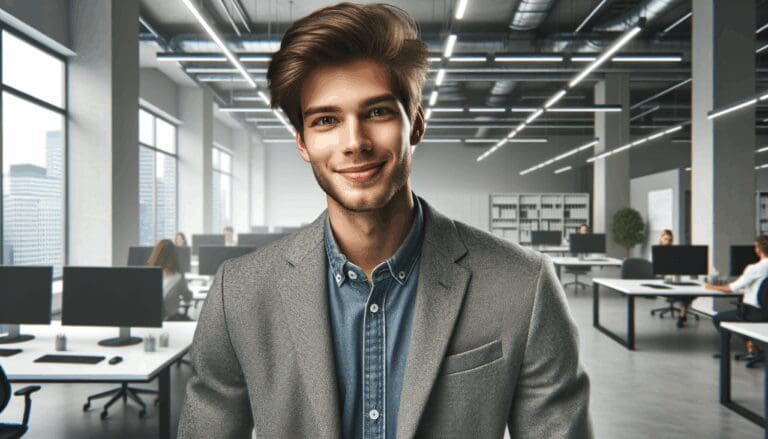 Retrato editorial de un empresario joven en una oficina tecnológica moderna, con ambiente dinámico.