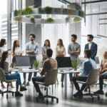 Jóvenes conversando en un espacio moderno con computadoras y plantas, transmitiendo tecnología y bienestar.