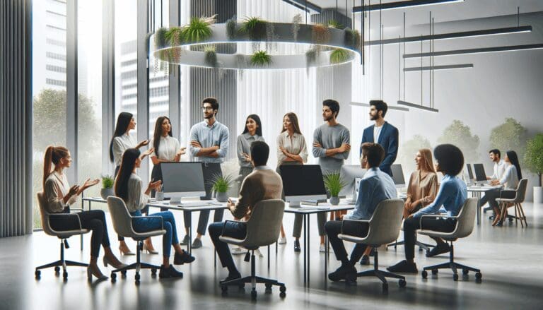 Jóvenes conversando en un espacio moderno con computadoras y plantas, transmitiendo tecnología y bienestar.